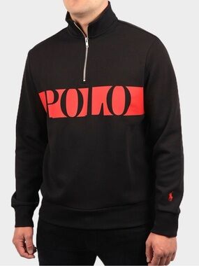 Polo by Ralph Lauren Black Quarter-Zip Sweatshirt with Red Logo Panel